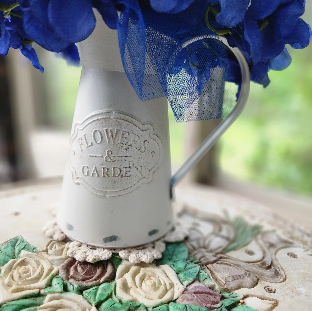 NWOT Blue Floral Arrangement in White Metal Distressed Pitcher Vase